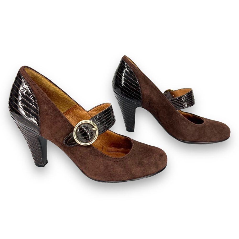 Sofft Florence Mary Jane Chocolate Brown Suede Patent Leather Buckle Pumps 8